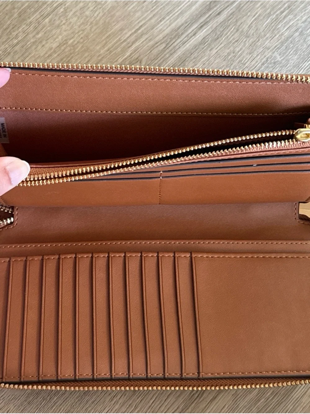 Tory Burch Tan Pebbled Leather Zip Wristlet with Gold Logo